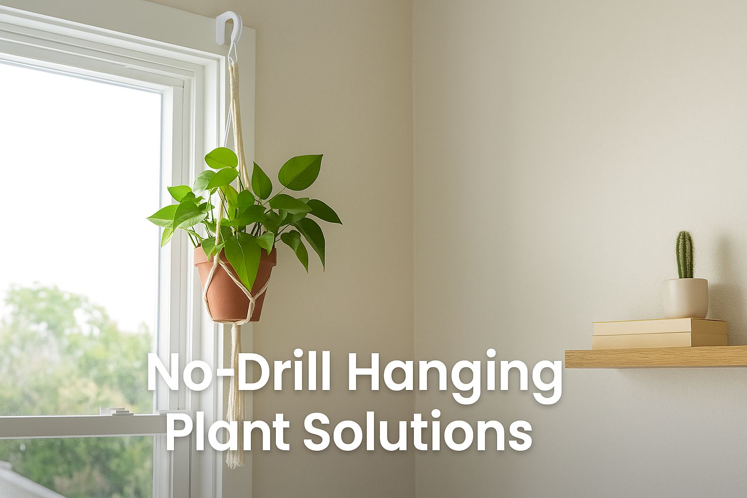 No-drill hanging plant solution using an adhesive hook and macramé hanger by Urban Plant.
